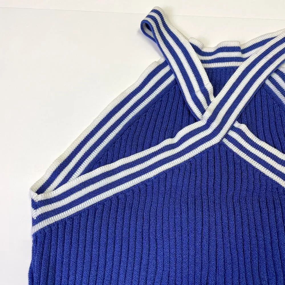 St John Sport by Marie Gray Blue Ribbed Knit Halter Tank Top S Striped - Picture 14 of 16